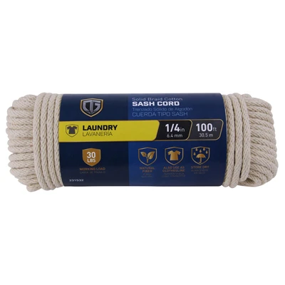 Cotton Sash Cord, Smooth Braided, Natural, 1/4 In. x 100 Ft.