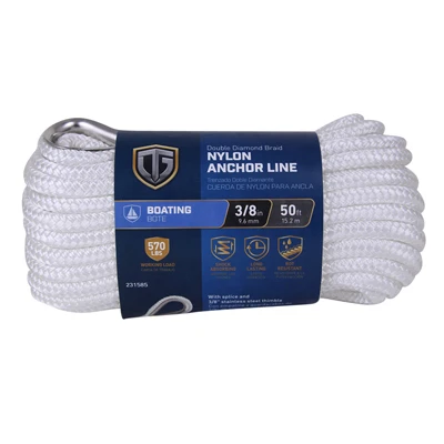 Anchor Rope, Double Diamond Braided, White, 3/8 In. x 50 Ft.