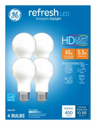LED HD Refresh Daylight Light Bulbs, A19 Medium Base, 5.5 Watt, 4-Pk.