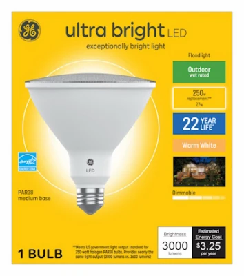 LED Outdoor Floodlight Bulb, Par38, Warm White Frosted, 27 Watt, 3000 Lumens