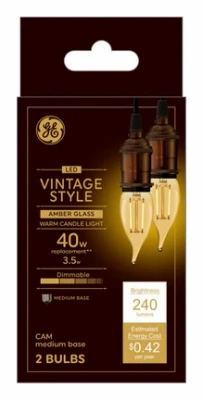LED Vintage Candle Shaped Light Bulb, Amber Warm White, Medium Base, 4 Watt, 240 Lumens, 2-Pk.
