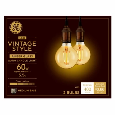 LED Light Bulbs, G25, Amber Warm White, 5.5 Watt, 400 Lumens, 2-Pk.