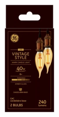 LED Candle Light Bulbs, Amber Warm White, Candelabra Base, 4-Watts, 240 Lumens, 2-Pk.
