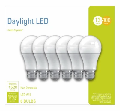 LED Light Bulb, Daylight, A19 Shape, Medium Base, 13 Watt, 6-Pk.