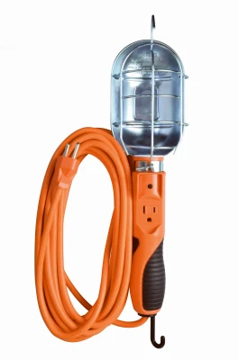 Trouble Work Light, Metal Guard & Outlet, 75-Watts, Orange, 25 Ft.