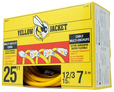 Yellow Jacket Extension Power Cord, 3-Outlet, 25 Ft.