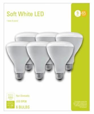 LED Reflector Floodlight, BR30, Soft White, 650 Lumens, 9 Watt, 6-Pk.