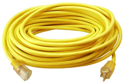 Extension Cord, 12/3 SJTW, Yellow Round Vinyl, Lighted End, 50 Ft.