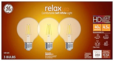 Relax HD LED Globe Light Bulbs, Clear, Soft White, 350 Lumens, 4.5 Watt, 3-Pk.