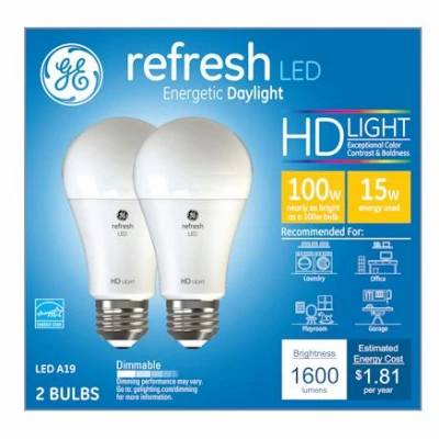 Relax HD LED Light Bulbs, Daylight, 15 Watt, 1,600 Lumens, 2-Pk.