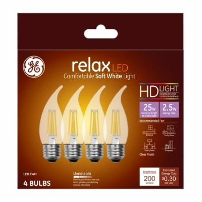 LED Chandelier Light Bulbs, Candle Shape, Clear Soft White, 200 Lumens, 2.5 Watt, 4-Pk.