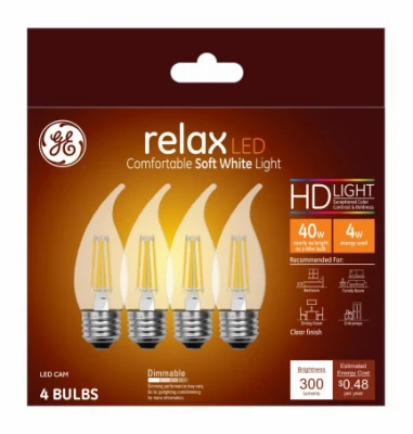 LED Chandelier Light Bulbs, Candle Shape, Clear Soft White, 300 Lumens, 4 Watt, 4-Pk.