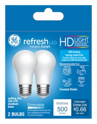 HD+ Refresh LED Ceiling Fan Light Bulbs, Daylight, A15, Medium Base, 5.5 Watt, 2-Pk.