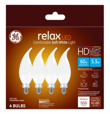 LED Chandelier Light Bulbs, Candle Shape, Soft White, 500 Lumens, 5.5 Watt, 4-Pk.