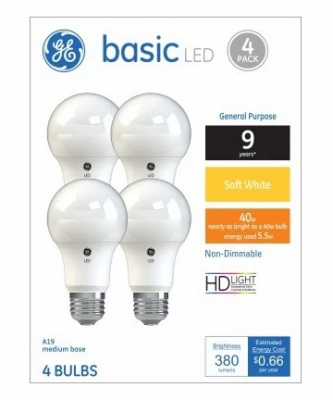 LED 5.2w. A19 Soft White, Md Base, 4pk