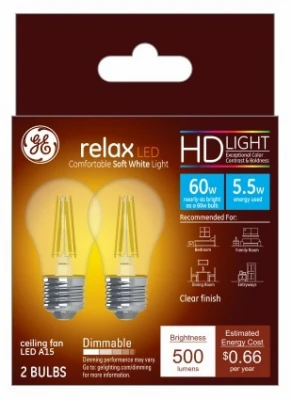 LED Ceiling Fan Light Bulbs, A15, Soft White, Clear, 500 Lumens, 5.5 Watt, 2-Pk.