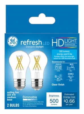 HD+ Refresh LED Ceiling Fan Bulbs, Clear, A15, Medium Base, 5.5 Watt, 2-Pk.