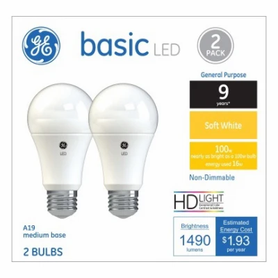 LED Light Bulbs, A19, Soft White, 1490 Lumens, 16 Watt, 2-Pk.