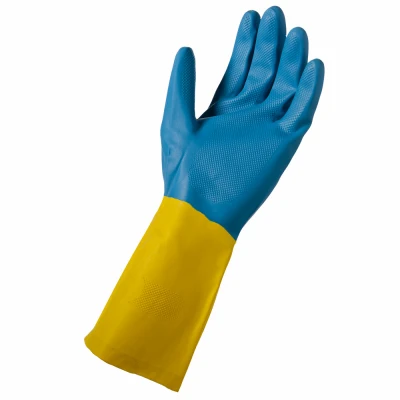 Women's Neoprene-Coated Latex Gloves, Blue & Yellow, L