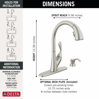 Ashton High Arc Single Handle Kitchen Faucet with Pull-Down ShieldSpray and Soap Dispenser in Stainless Steel