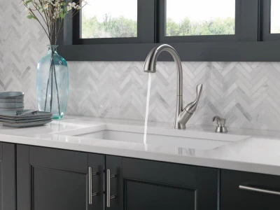 Ashton High Arc Single Handle Kitchen Faucet with Pull-Down ShieldSpray and Soap Dispenser in Stainless Steel