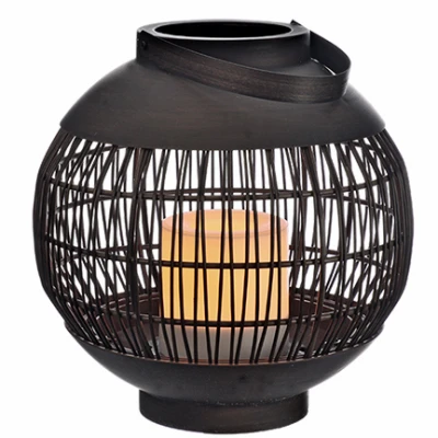 9-Inch Dark Brown Metal Basket Patio Lantern with LED Flameless Candle