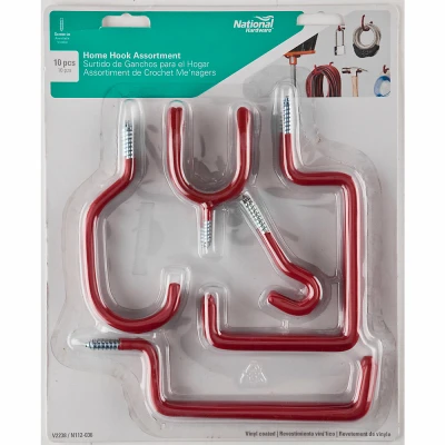 Home Hook Assortment, Screw-In, Red Vinyl-Coated Steel, 10-Ct.