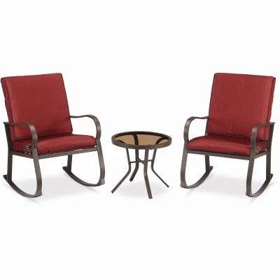 Galena Three-Piece Bistro Set with Cushioned Brown Steel Rocker Chairs