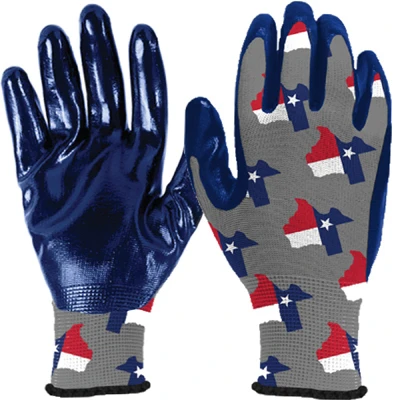 Work Gloves, Nitrile Palm, Knit, Texas Flag Pattern, Men's Large