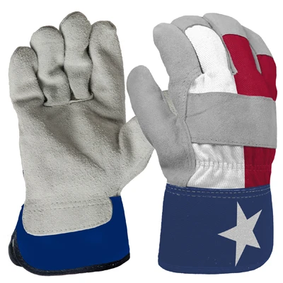 Work Gloves, Leather Palm, Cotton, Texas Flag Pattern, Men's Large