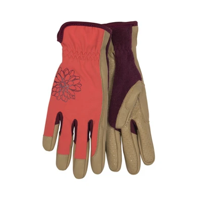 Women's Pro Work Gloves, Synthetic Leather Palm, Red Print Spandex Back, S