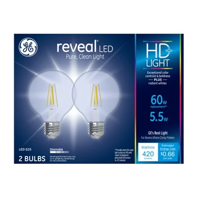 LED Reveal Globe Light Bulbs, Clear Pure White, 500 Lumens, 5.5 Watt, 2-Pk.