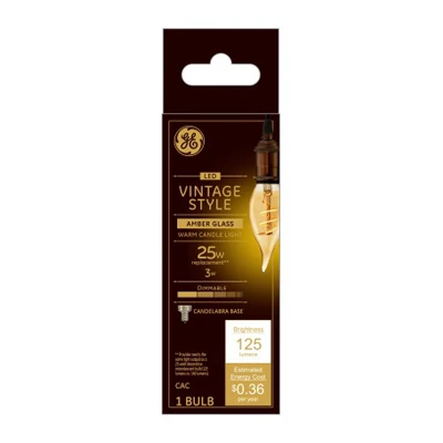 LED Vintage Candle Shaped Light Bulb, Warm White, Amber Bulb, 125 Lumens, 3 Watt