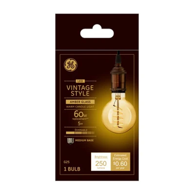 LED Vintage Style G25 Light Bulb, Warm White Amber, 250 Lumens, 5 Watt