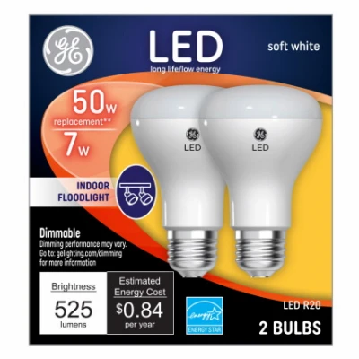 LED Directional Light Bulb, R20, Soft White, Clear Bulb, 525 Lumens, 7 Watt, 2-Pk.