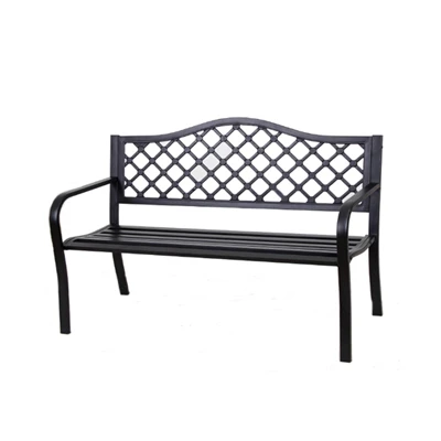 50" Black Steel Frame Park Bench With Lattice Seat Back Design