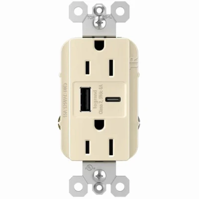 Pass & Seymour Duplex Outlet + USB Charger, Type A/C, Light Almond, 6.0A, 15-Amp