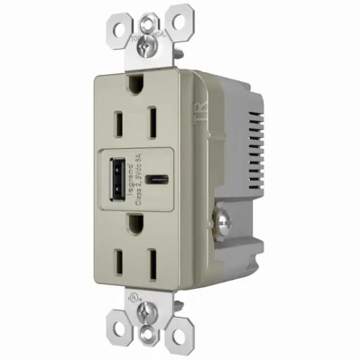 Pass and Seymour Duplex Electrical Outlet with Type A and Type C USB Charger, Nickel Finish, 6.0 Amp USB, 15 Amp Standard Outlet