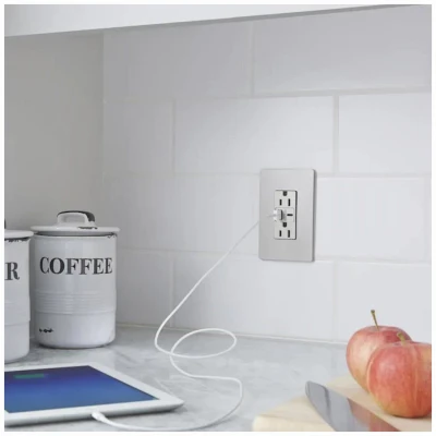 Pass and Seymour Duplex Electrical Outlet with Type A and Type C USB Charger, Nickel Finish, 6.0 Amp USB, 15 Amp Standard Outlet