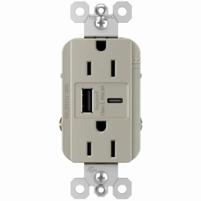Pass and Seymour Duplex Electrical Outlet with Type A and Type C USB Charger, Nickel Finish, 6.0 Amp USB, 15 Amp Standard Outlet