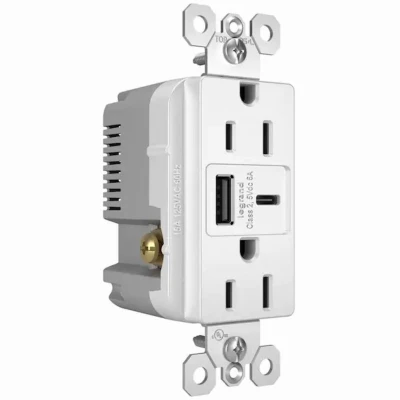 Pass and Seymour Duplex Electrical Outlet with Type A and Type C USB Charger, White, 6.0 Amp USB, 15 Amp Standard Outlet
