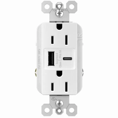 Pass & Seymour Duplex Outlet + USB Charger, Type A/C, White, 6.0A, 15-Amp