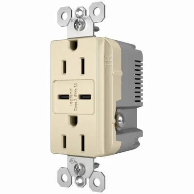 Pass & Seymour Duplex Outlet + USB Charger, Type C, Light Almond, 6.0A, 15-Amp