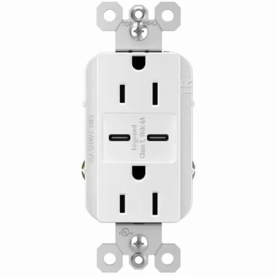 Pass & Seymour Duplex Outlet With Type C Usb Charger, 15 Amp, 6.0 Amp, White