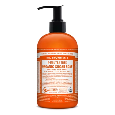 Organic Sugar Soap, 4-In-1, Tea Tree, 12-oz.