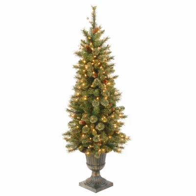 Artificial Pre-Lit Christmas Tree, 100 Clear Lights, Golden Bristle With Dark Brown Urn, 4-Ft.