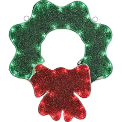 Led Christmas Window Decoration, 18-inch Green Wreath With Red Bow Tape Light