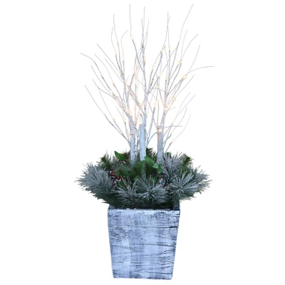 Christmas Porch Pot with Birch and Polyvinyl Chloride Greenery, 54 Warm White Light Emitting Diode Lights, 36 Inch