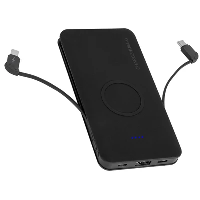 Go+ Power Bank With Wireless Charging Pad, Usb Port, 2 Built-in Cables, 5000 Mah