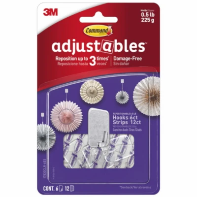 Adjustables Hooks & Strips, Clear, Repositionable, 6 Hooks, 12 Strips